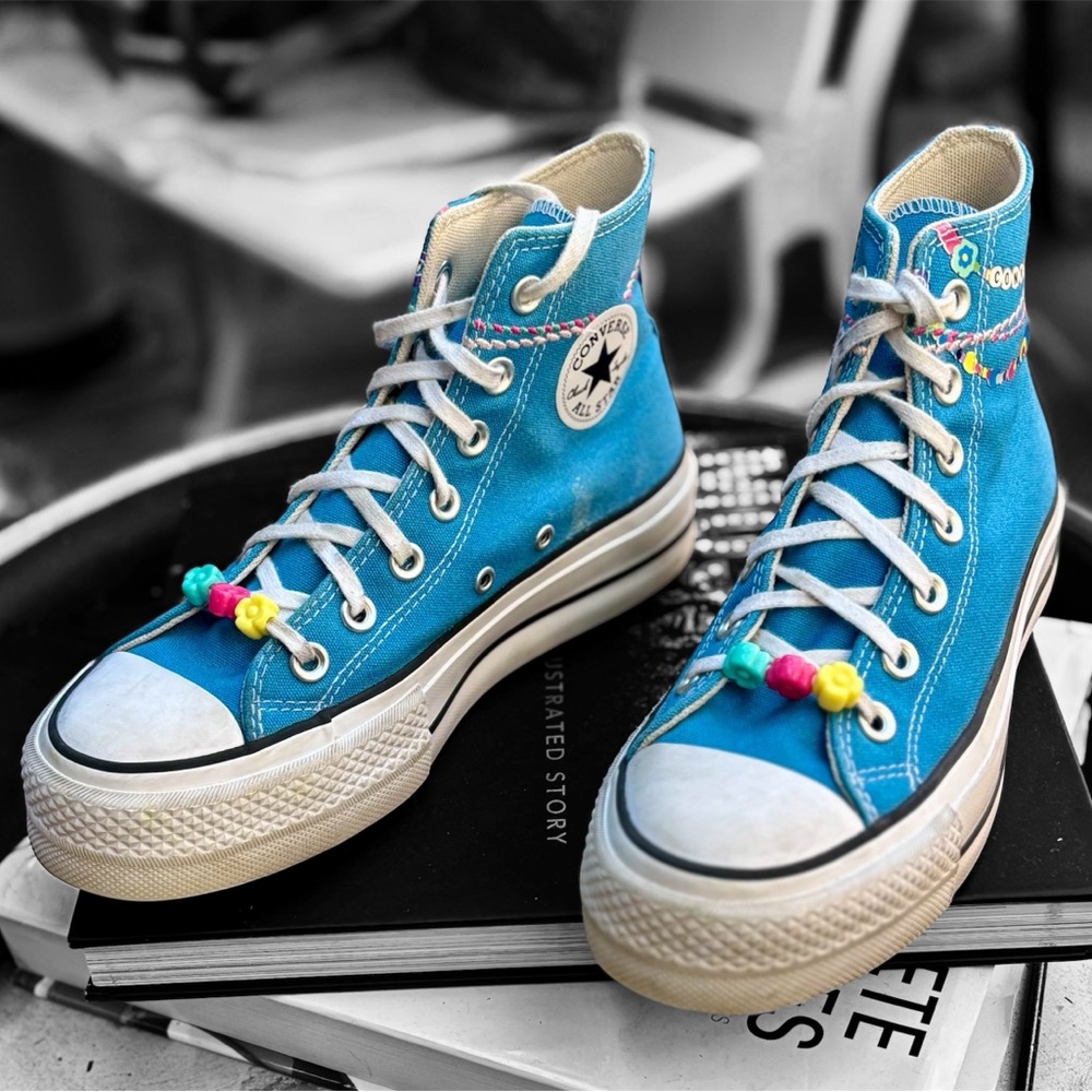 Converse Blue and White High-Top Sneakers with Platform Sole